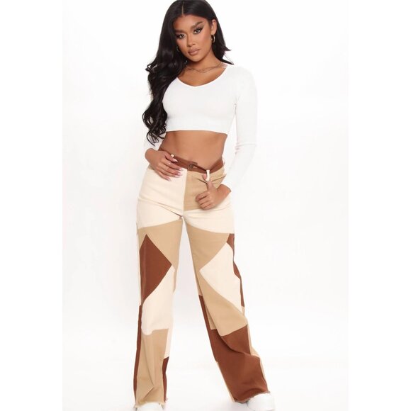 Fashion Nova Two‑Tone Patchwork Wide‑Leg Jeans – High Waist Retro Style Sz 5 - Picture 3 of 5